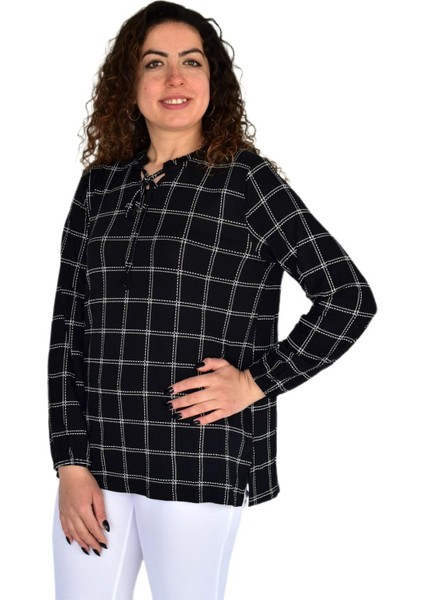 Kadın Çizgi Kareli Baskılı Desen Viscon Bluz BGL-ST04294