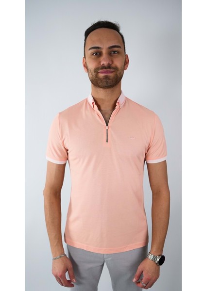 Erkek Fermuarlı Pembe Yakalı Tshirt