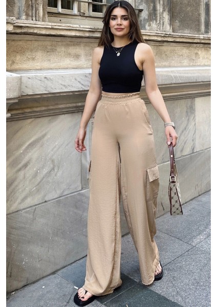 Kadın Bej Beli Lastikli, Kargo Cepli, Bol Paça Kupra Kumaş Palazzo Pantolon - Tesettüre Uygun