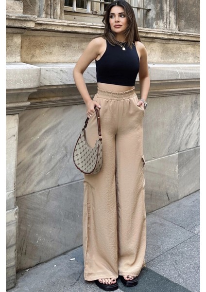 Kadın Bej Beli Lastikli, Kargo Cepli, Bol Paça Kupra Kumaş Palazzo Pantolon - Tesettüre Uygun fiyatları