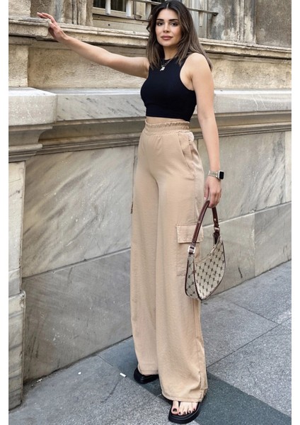 Kadın Bej Beli Lastikli, Kargo Cepli, Bol Paça Kupra Kumaş Palazzo Pantolon - Tesettüre Uygun fırsatları