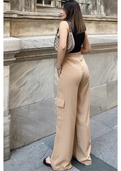 Kadın Bej Beli Lastikli, Kargo Cepli, Bol Paça Kupra Kumaş Palazzo Pantolon - Tesettüre Uygun indirimleri