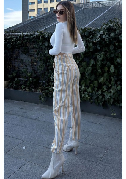 Kadın Hardal & Ekru Çizgili, Yüksel Bel, Klasik Kesim, Boru Paça Pantolon fiyatları