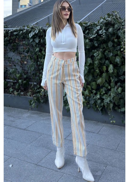 Kadın Hardal & Ekru Çizgili, Yüksel Bel, Klasik Kesim, Boru Paça Pantolon modelleri