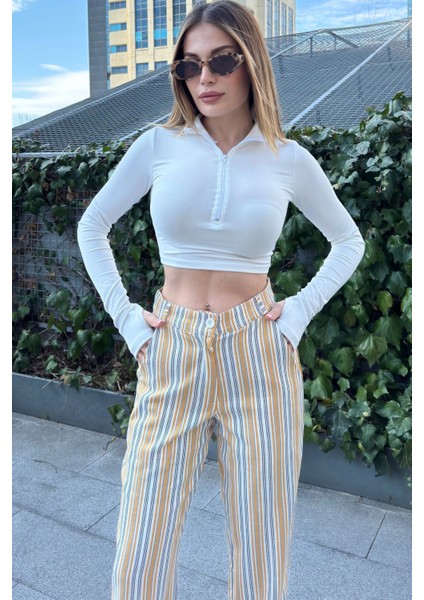 Kadın Hardal & Ekru Çizgili, Yüksel Bel, Klasik Kesim, Boru Paça Pantolon fırsatları