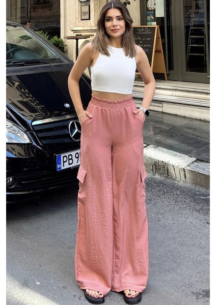 Kadın Pudra Beli Lastikli, Kargo Cepli, Bol Paça Kupra Kumaş Palazzo Pantolon - Tesettüre Uygun