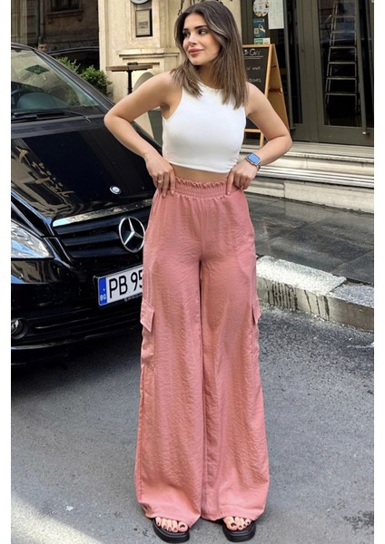 Kadın Pudra Beli Lastikli, Kargo Cepli, Bol Paça Kupra Kumaş Palazzo Pantolon - Tesettüre Uygun modelleri
