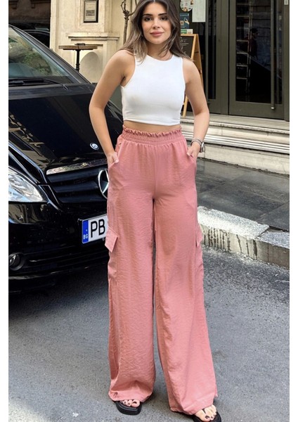 Kadın Pudra Beli Lastikli, Kargo Cepli, Bol Paça Kupra Kumaş Palazzo Pantolon - Tesettüre Uygun fırsatları
