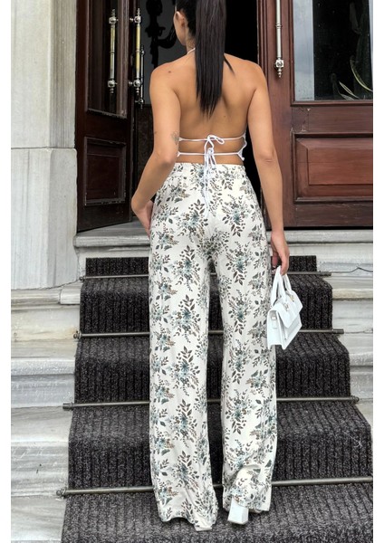 Kadın Mint & Ekru Çiçek Desenli, Yüksek Bel, Geniş Paça, Rahat Kesim Pantolon modelleri