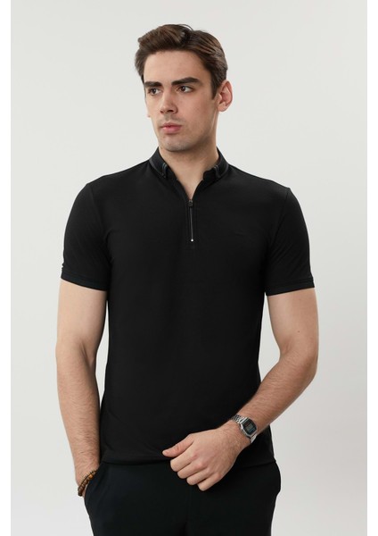 Erkek Fermuarlı Yakalı Siyah Tshirt fırsatları