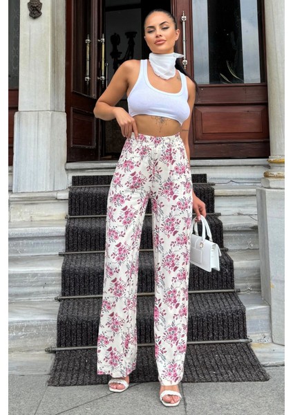 Kadın Gül Kurusu & Ekru Çiçek Desenli, Yüksek Bel, Geniş Paça, Rahat Kesim Pantolon modelleri