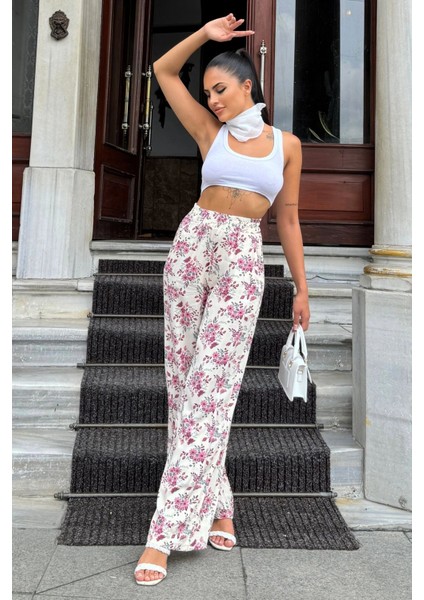 Kadın Gül Kurusu & Ekru Çiçek Desenli, Yüksek Bel, Geniş Paça, Rahat Kesim Pantolon fırsatları