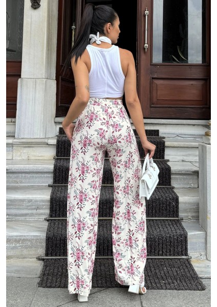 Kadın Gül Kurusu & Ekru Çiçek Desenli, Yüksek Bel, Geniş Paça, Rahat Kesim Pantolon indirimleri