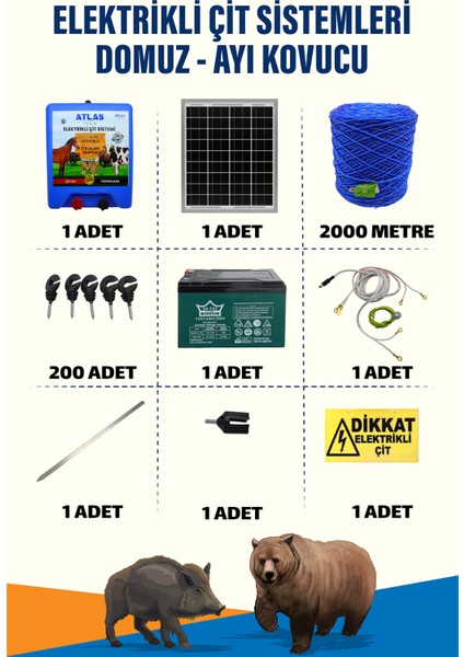 2000 Mt 25100 Dönüm Domuz Kovucu Elektrikli Çit Sistemi 14A Akü Ve 25W Güneş Panelli