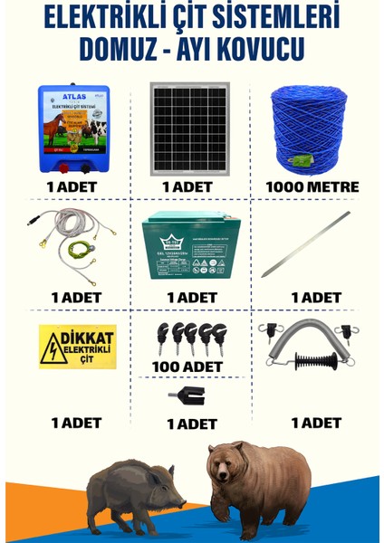 1000 Mt 520 Dönüm Ayı Kovucu Elektrikli Çit Sistemi Kapı Yaylı 24a Akü Ve 25w Güneş Panelli