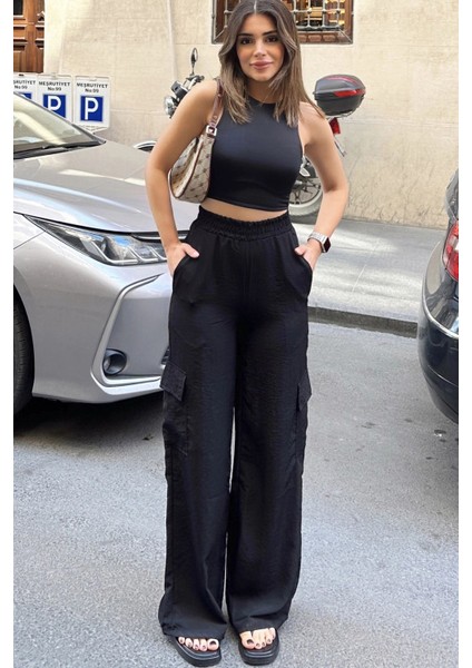 Kadın Siyah Beli Lastikli, Kargo Cepli, Bol Paça Kupra Kumaş Palazzo Pantolon - Tesettüre Uygun fırsatları
