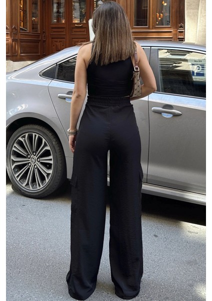 Kadın Siyah Beli Lastikli, Kargo Cepli, Bol Paça Kupra Kumaş Palazzo Pantolon - Tesettüre Uygun indirimleri