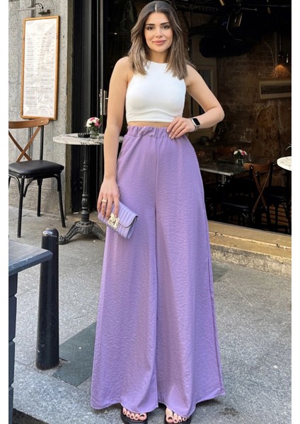 Kadın Lila Beli Lastikli, Cepli, Bol Paça Özel Kumaş, Rahat Kalıp Pantolon - Tesettüre Uygun