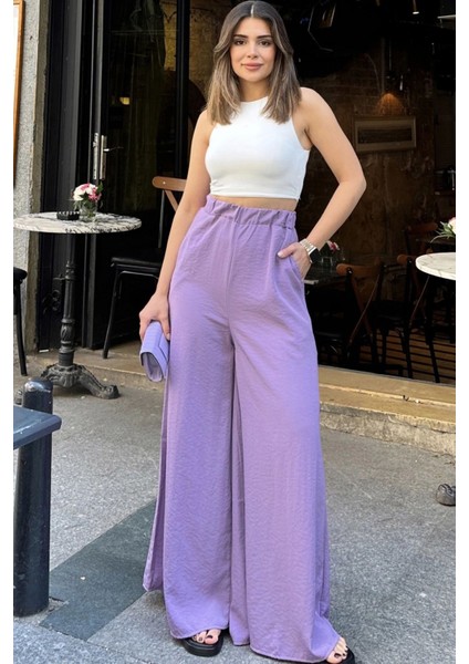 Kadın Lila Beli Lastikli, Cepli, Bol Paça Özel Kumaş, Rahat Kalıp Pantolon - Tesettüre Uygun modelleri