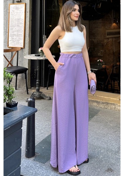 Kadın Lila Beli Lastikli, Cepli, Bol Paça Özel Kumaş, Rahat Kalıp Pantolon - Tesettüre Uygun fırsatları