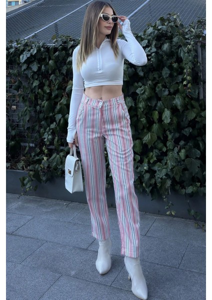 Kadın Pembe & Ekru Çizgili, Yüksel Bel, Klasik Kesim, Boru Paça Pantolon