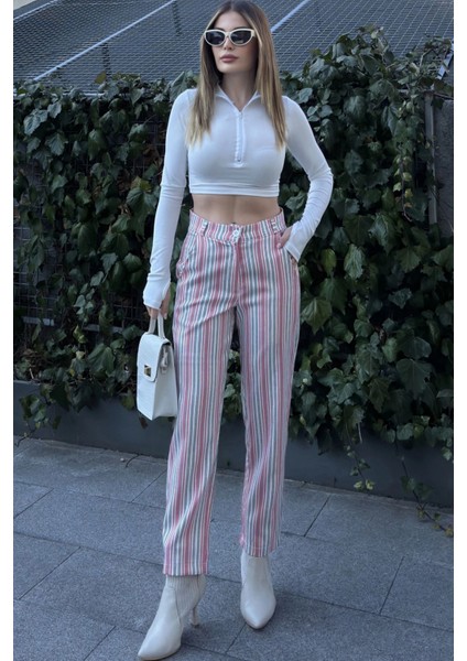 Kadın Pembe & Ekru Çizgili, Yüksel Bel, Klasik Kesim, Boru Paça Pantolon fiyatları