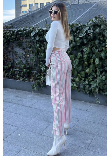 Kadın Pembe & Ekru Çizgili, Yüksel Bel, Klasik Kesim, Boru Paça Pantolon modelleri