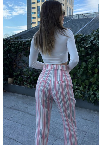 Kadın Pembe & Ekru Çizgili, Yüksel Bel, Klasik Kesim, Boru Paça Pantolon fırsatları