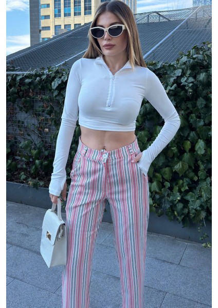 Kadın Pembe & Ekru Çizgili, Yüksel Bel, Klasik Kesim, Boru Paça Pantolon indirimleri