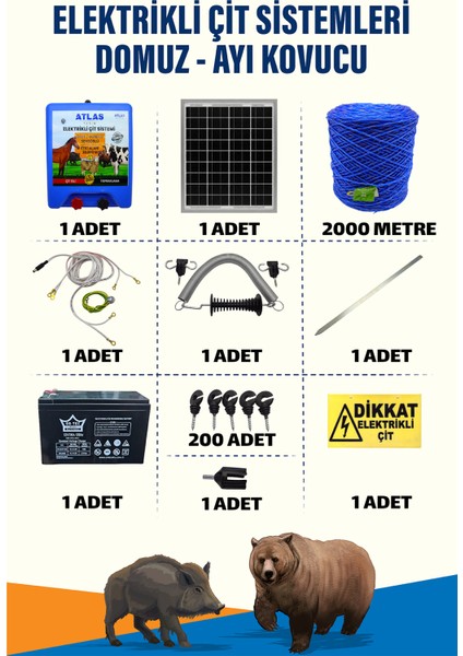 2000 Mt 25100 Dönüm 12v Akü Ve 25w Güneş Panelli Elektrikli Çit Sistemi + Kapı Yaylı Set