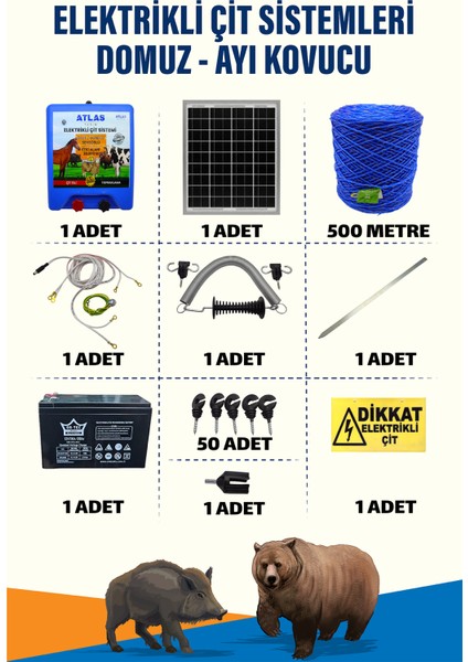 500 Mt 15 Dönüm 12v Akü Ve 25w Güneş Panelli Elektrikli Çit Sistemi + Kapı Yaylı Set