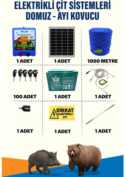 1000 Mt 520 Dönüm Ayı Kovucu Elektrikli Çit Sistemi 24a Akü Ve 25w Güneş Panelli