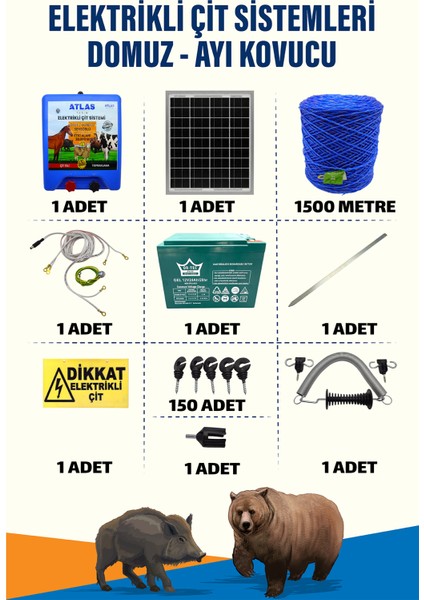 1500 Mt 1525 Dönüm Domuz Kovucu Elektrikli Çit Sistemi Kapı Yaylı 24a Akü Ve 25w Güneş Panelli