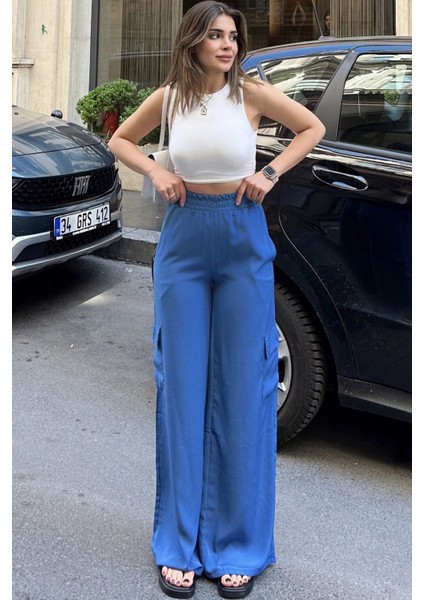 Kadın Mavi Beli Lastikli, Kargo Cepli, Bol Paça Kupra Kumaş Palazzo Pantolon - Tesettüre Uygun modelleri