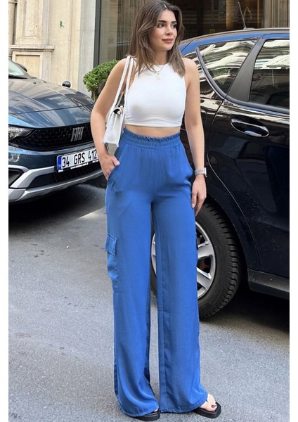 Kadın Mavi Beli Lastikli, Kargo Cepli, Bol Paça Kupra Kumaş Palazzo Pantolon - Tesettüre Uygun fırsatları