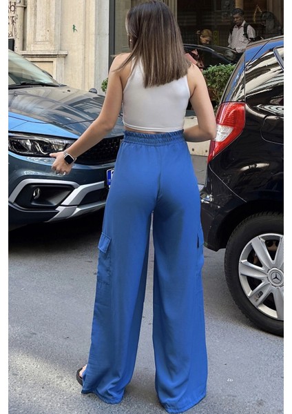 Kadın Mavi Beli Lastikli, Kargo Cepli, Bol Paça Kupra Kumaş Palazzo Pantolon - Tesettüre Uygun indirimleri