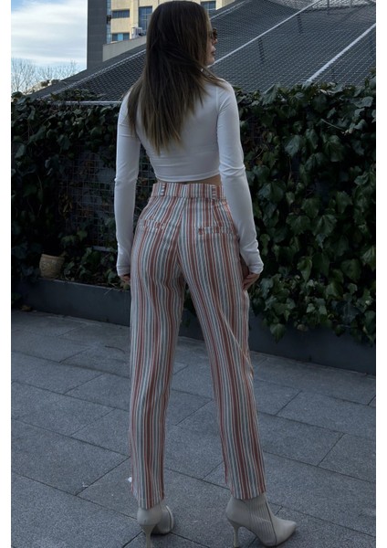 Kadın Kiremit & Ekru Çizgili, Yüksel Bel, Klasik Kesim, Boru Paça Pantolon fiyatları