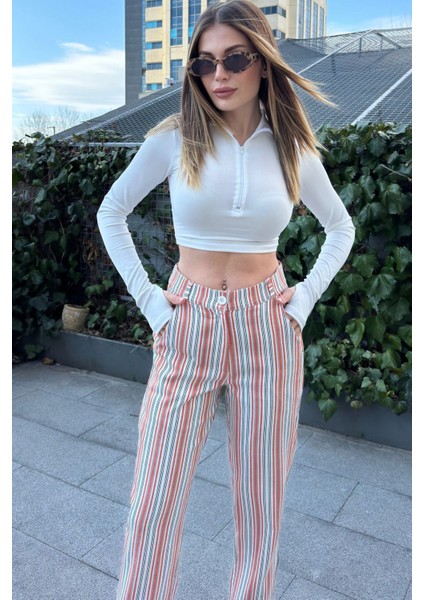 Kadın Kiremit & Ekru Çizgili, Yüksel Bel, Klasik Kesim, Boru Paça Pantolon modelleri