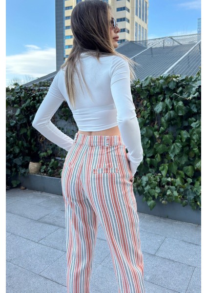 Kadın Kiremit & Ekru Çizgili, Yüksel Bel, Klasik Kesim, Boru Paça Pantolon fırsatları