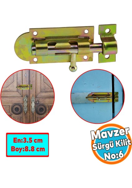 Mavzer Sürgü Kilit No:6 Kadmiyum 35X88 mm Kapı Pencere Emniyet Mandalı Kilidi