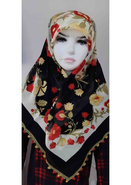 4 Tarafı Tığ Oyalı Baş Örtüsü En-Boy 95cm Siyah Renk