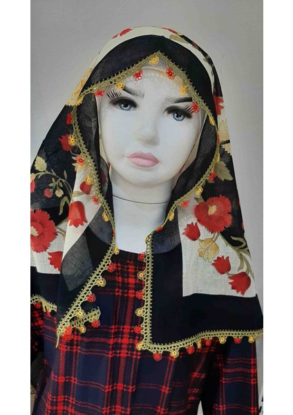4 Tarafı Tığ Oyalı Baş Örtüsü En-Boy 95cm Siyah Renk modelleri