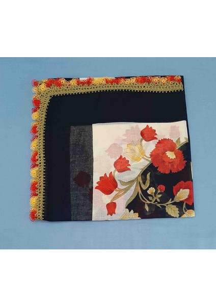 4 Tarafı Tığ Oyalı Baş Örtüsü En-Boy 95cm Siyah Renk indirimleri