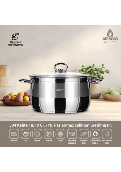 Saphire 24 cm Paslanmaz Çelik İndüksiyon Uyumlu Cam Kapaklı Derin Tencere