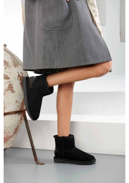 Hakiki Süet İçi Kürk Arkası Deri Bayan Kısa 191074 Siyah modelleri