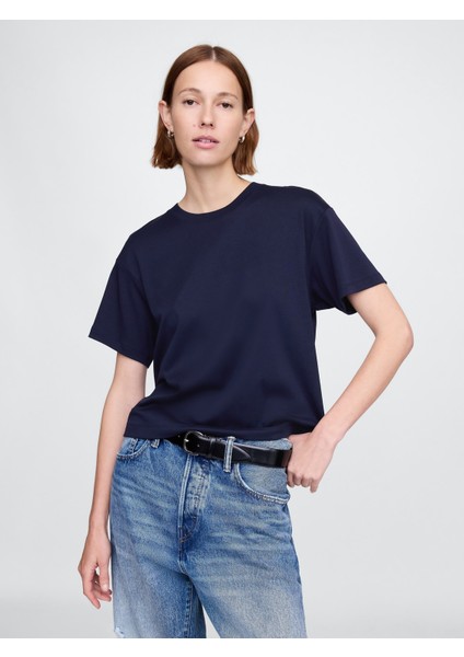 Kadın Lacivert Supima® Pamuk Relaxed T-Shirt