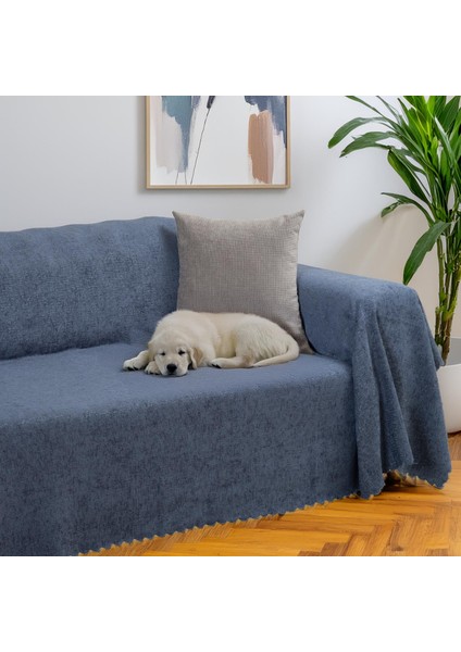 Premium Koltuk Örtüsü 175x350 XLARGE Gramajlı Jakarlı Şönil Gece Mavisi | Kanepe Örtüsü | Kaymaz