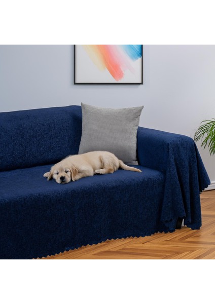 Premium Koltuk Örtüsü 175x350 XLARGE Gramajlı Jakarlı Şönil Lacivert | Kanepe Örtüsü | Kaymaz