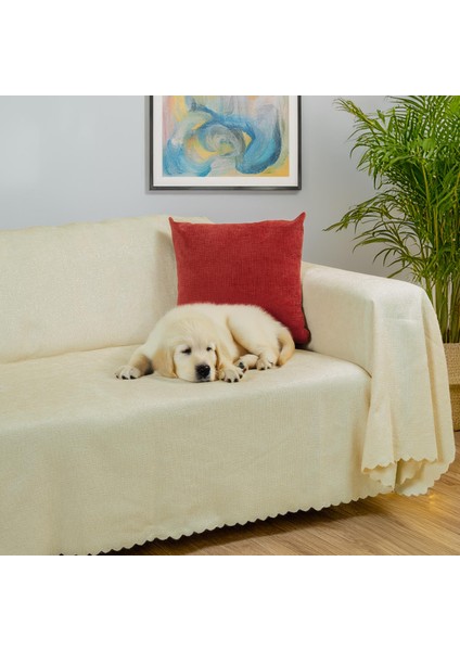 Premium Koltuk Örtüsü 175x300 LARGE Gramajlı Jakarlı Şönil Ekru | Kanepe Örtüsü | Kaymaz