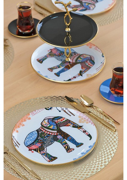 Elephant Beyaz Altın Yaldızlı 6 Kişilik 19 Parça Çay Servis Takımı